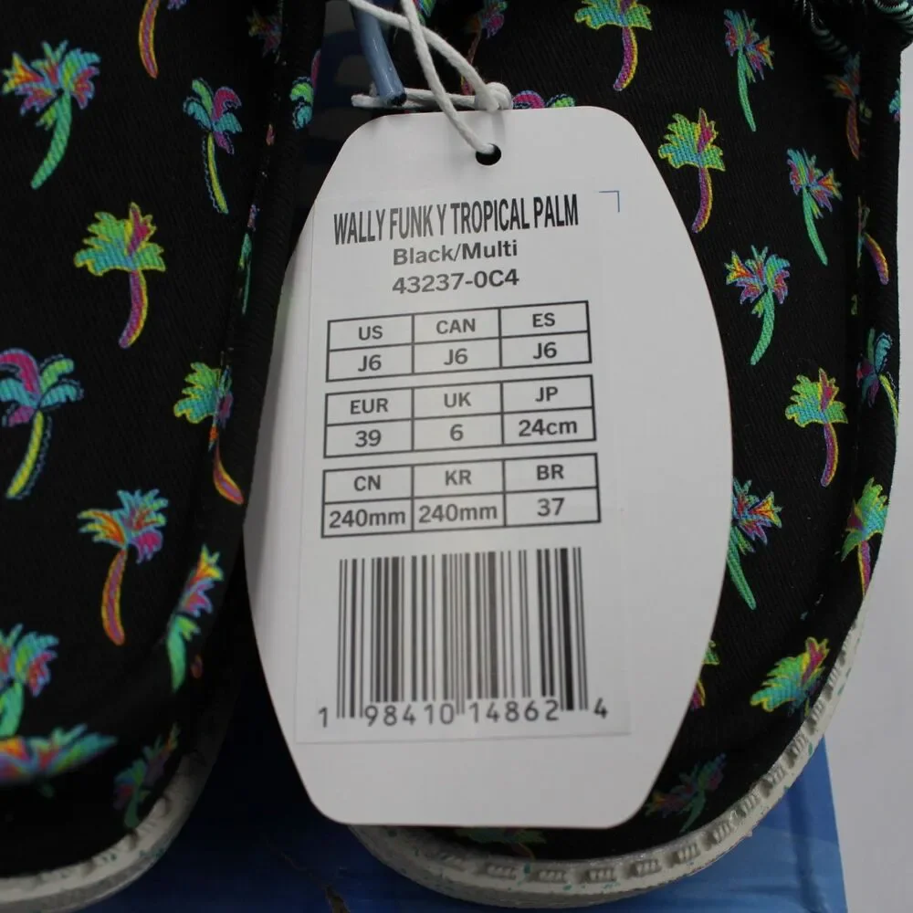 HEYDUDE Wally Funk Tropical Palm Youth Size 6 Junior Slip On Shoes Black Multi